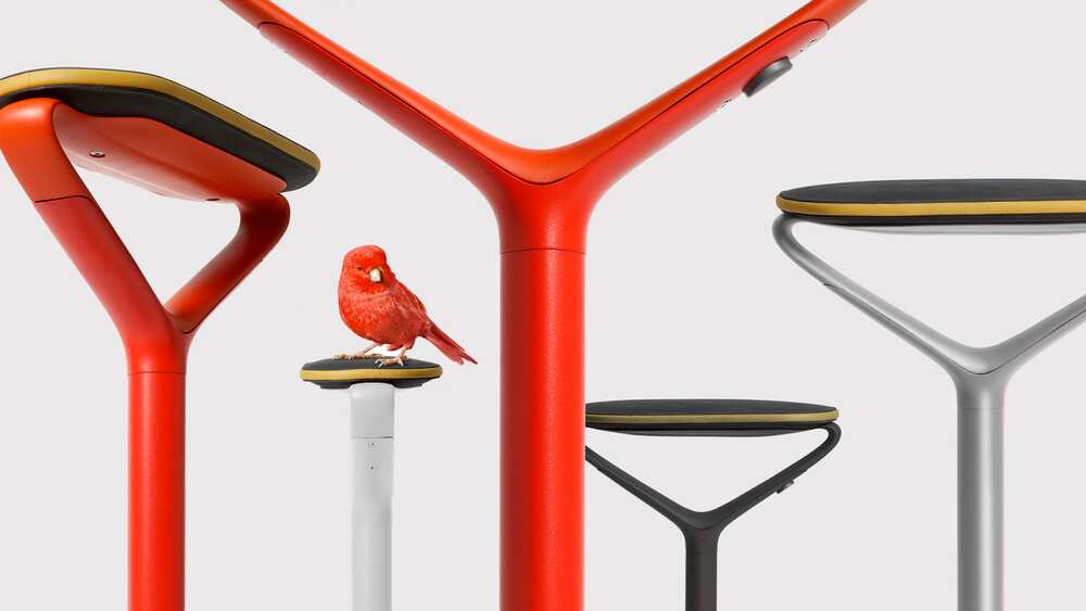 Fünf rote Stühle mit einen roten Vogel in der Mitte. Der Hintergrund ist grau.